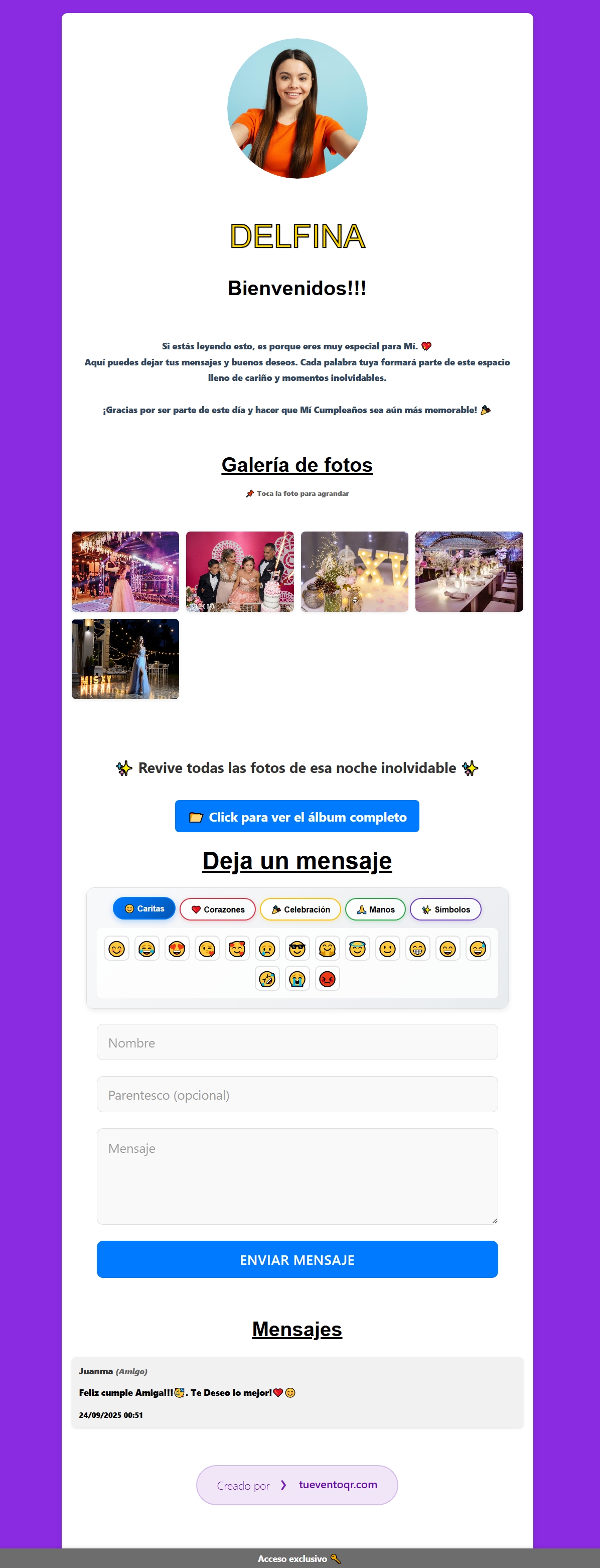 Vista previa de página con mensajes para cumpleaños